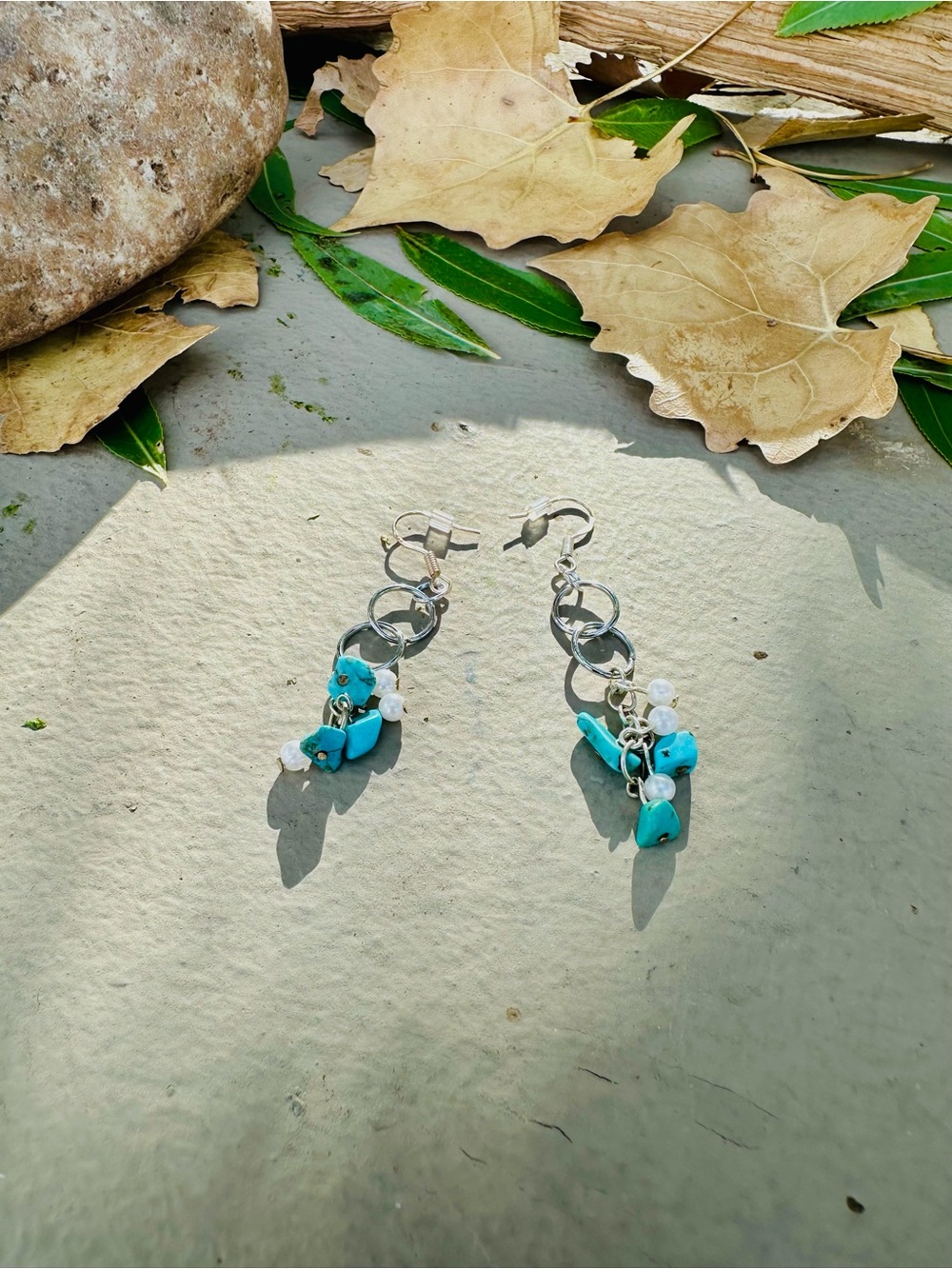 Handmade Turquoise & Pearl Dangle Earrings - Silver Rings